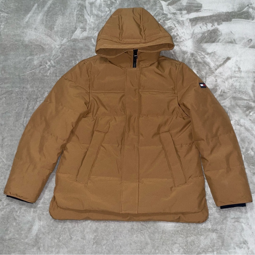 Tommy Hilfiger Tan Quilted Hooded Puffer Jacket Medium Winter Coat Men's